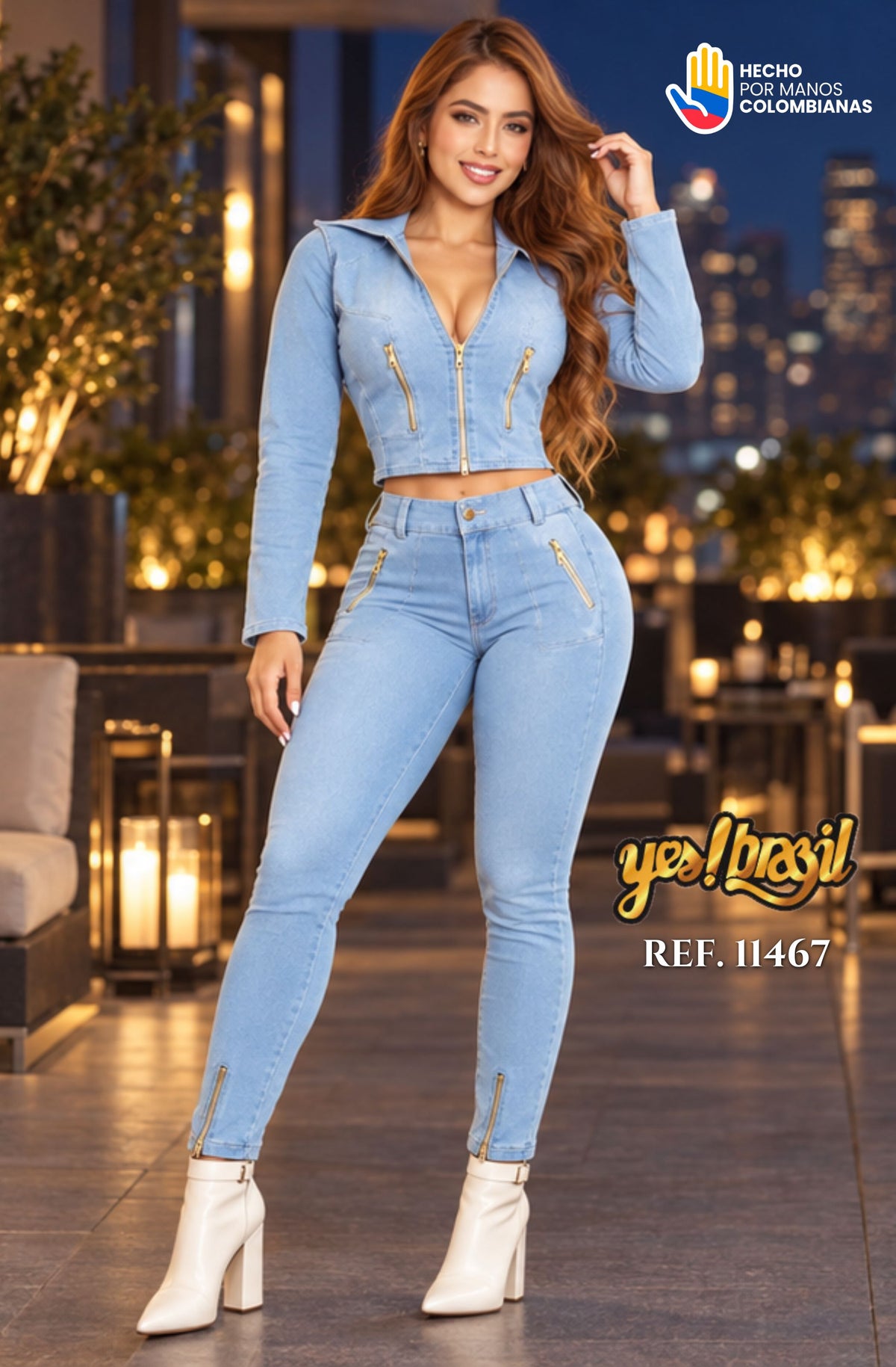 Ref. 018 -11467 Conjunto Tela Vaquera, Jean Talle Alto Levanta Cola y Chaqueta manga larga