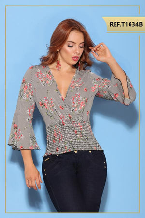 Ref. 003 -T1634B Blusa colombiana manga larga - Ropa Colombiana