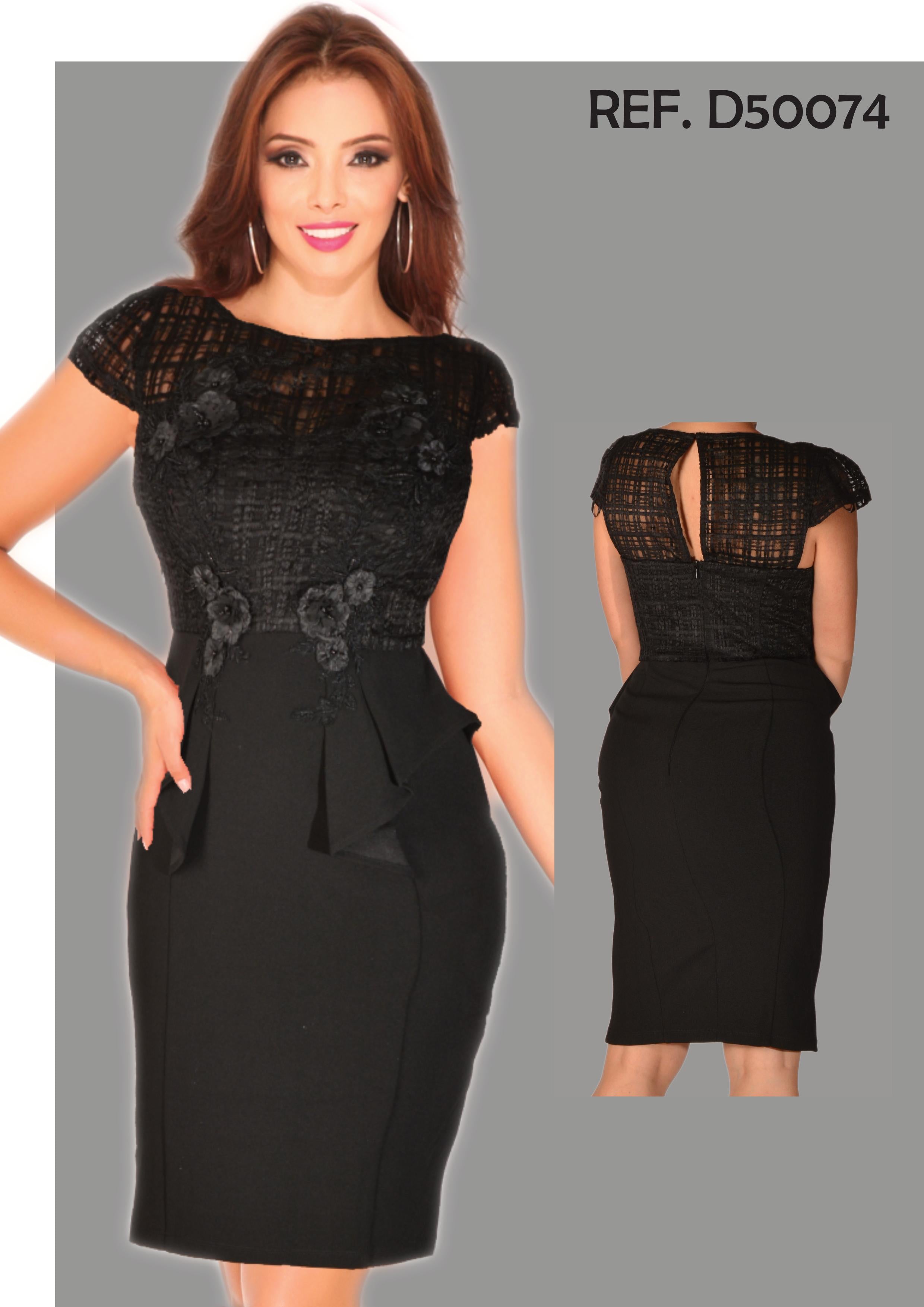 Ref. 003 -D50074 Vestido Americano de Fiesta clásico color negro con decorado Superior artesanal de Flores y Malla - Ropa Colombiana