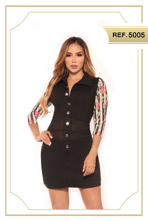 Ref. 030 -5005 Fantástico Vestido en Tela Vaquera en Color Negro con Botones delanteros, cuello y Mangas de estilo floral. - Ropa Colombiana