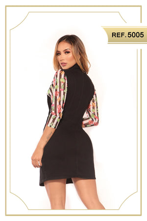 Ref. 030 -5005 Fantástico Vestido en Tela Vaquera en Color Negro con Botones delanteros, cuello y Mangas de estilo floral. - Ropa Colombiana