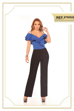 Ref. 003 -JP8795GS Enterizo de Tela Para Dama, Con Pantalón negro y blusa azul de tiras y hombros descubiertos - Ropa Colombiana