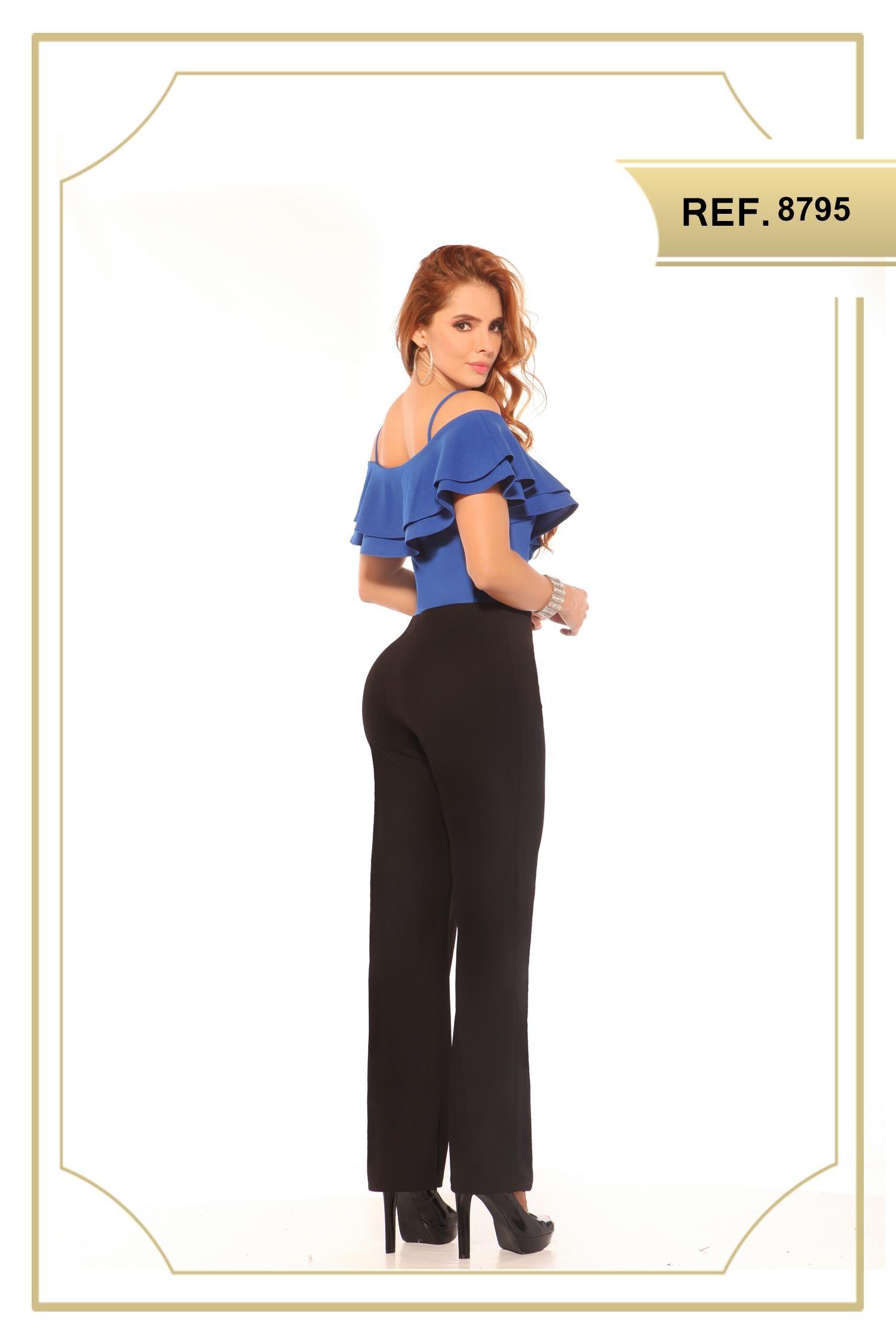 Ref. 003 -JP8795GS Enterizo de Tela Para Dama, Con Pantalón negro y blusa azul de tiras y hombros descubiertos - Ropa Colombiana
