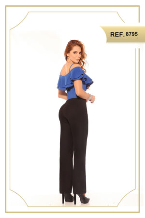 Ref. 003 -JP8795GS Enterizo de Tela Para Dama, Con Pantalón negro y blusa azul de tiras y hombros descubiertos - Ropa Colombiana