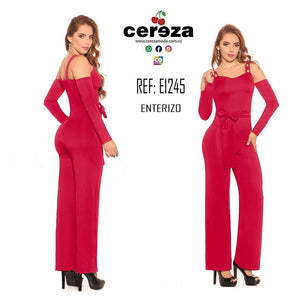 Ref. 004 -E1245 Enterizo tela Colombiana, Con Botas Anchas, Hermoso Horma y Tiras sobre los Hombros, Cinta Decorativa en la cintura. - Ropa Colombiana