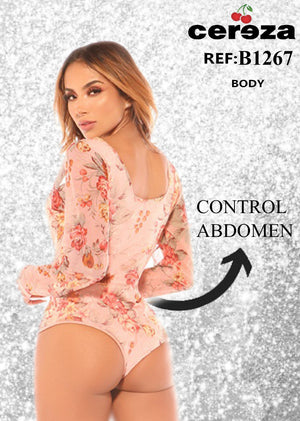 Ref. 004 -B1267 Body Reductor CEREZA con mangas largas y estampado floral - Ropa Colombiana