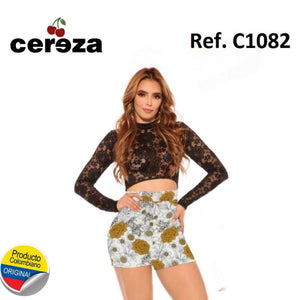 Ref. 004 -C1082 Enterizo Corto tipo Short con Blusa Negra y Short estampado de Flores colores variados marca CEREZA, original Diseño Colombiano - Ropa Colombiana