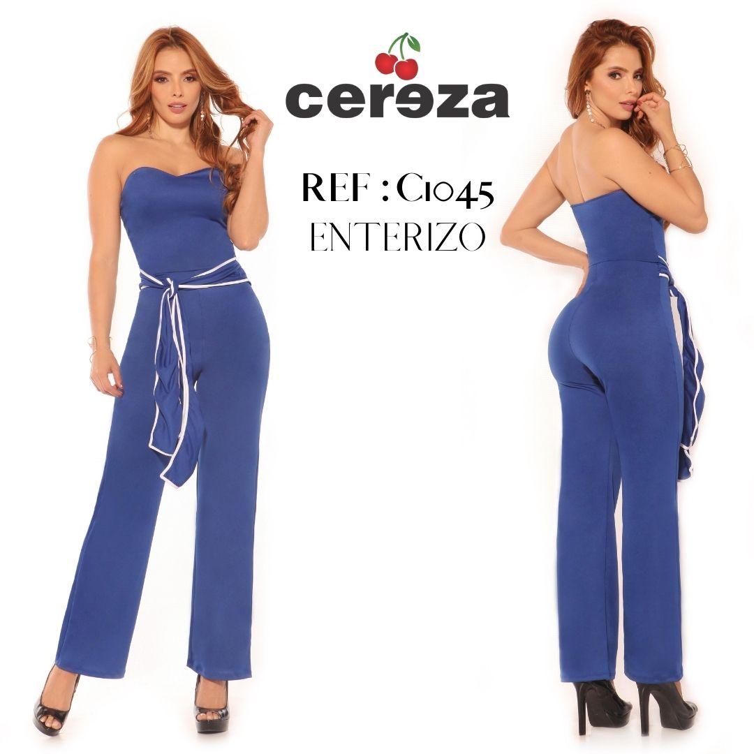 Ref. 004 -C1045 Fantástico Enterizo Colombiano Marca CEREZA con con Hombros y media Espalda Libres, Decorado con Cinturón en el Frente color Azul - Ropa Colombiana