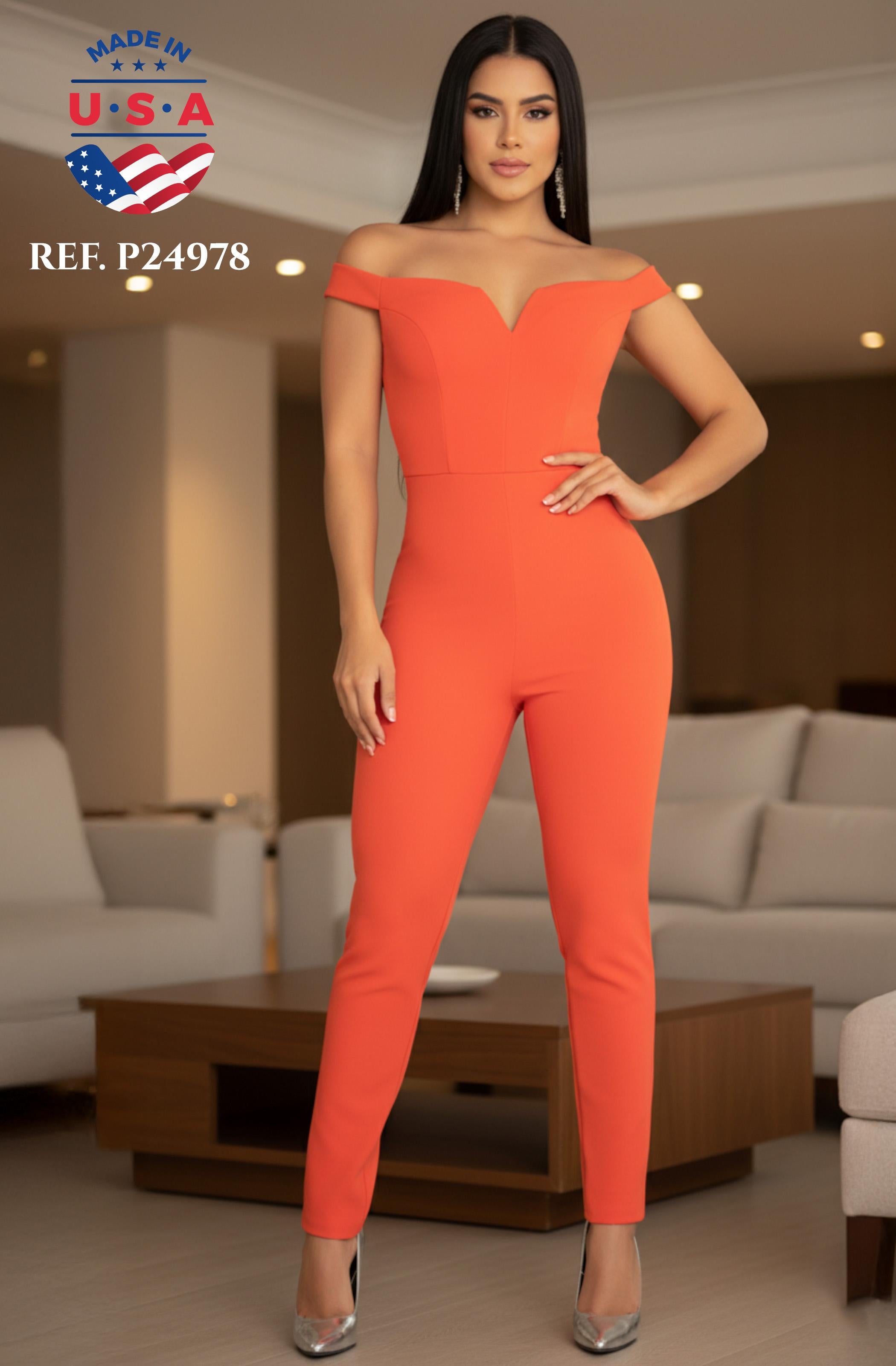 Ref. 003 -P24978 Beautiful American Off-the-Shoulder Jumpsuit with Crossed Straps on the Back