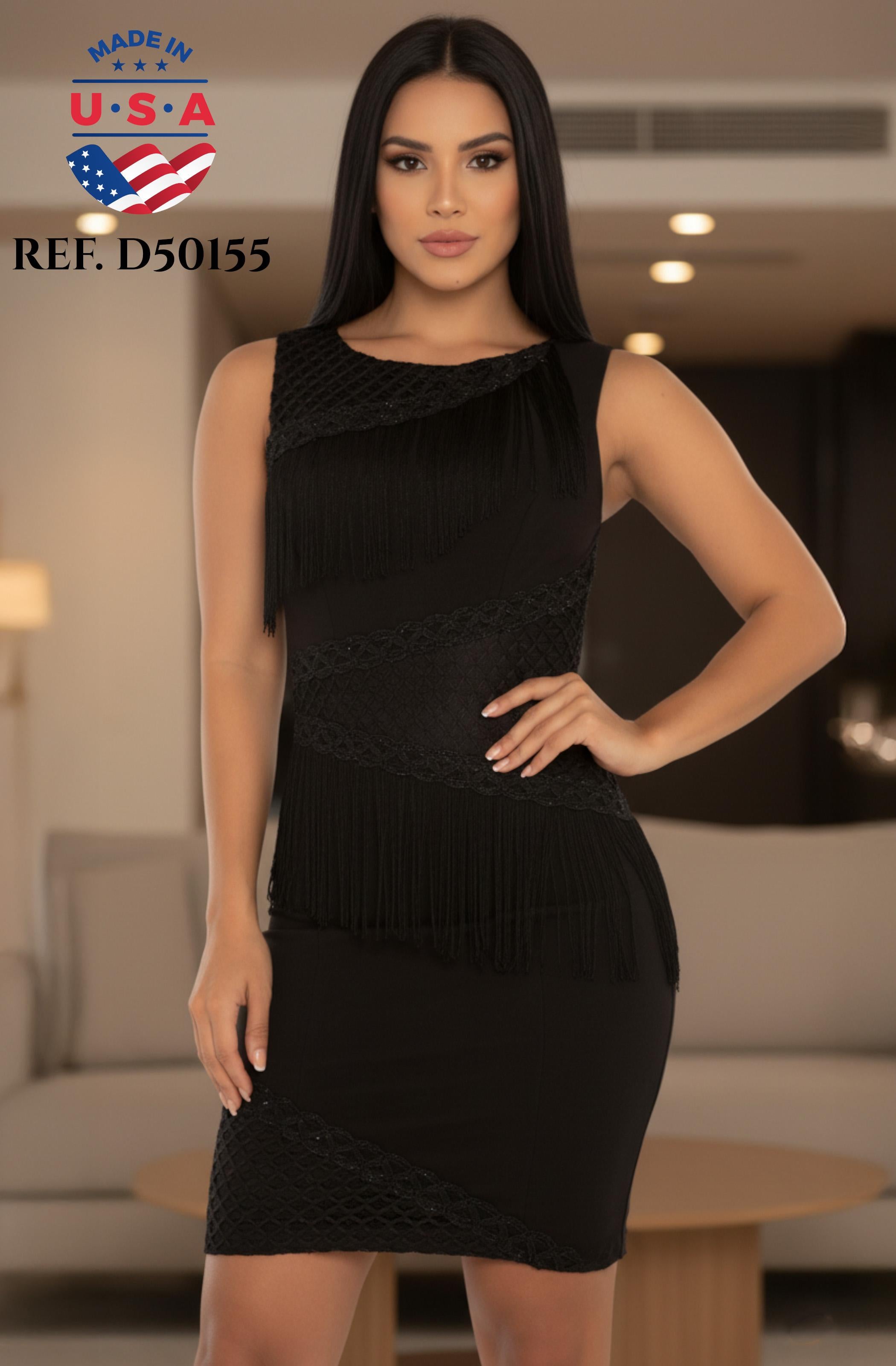 Ref. 003 -D50155 Vestido Corto de Fiesta Americano Sin Mangas Decorado con Flecos - Ropa Colombiana