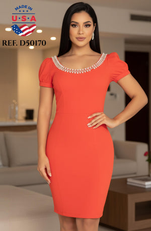 Ref. 003 -D50170 Vestido de Fiesta Corto,Con Cuello Redondo y Decorado. - Ropa Colombiana