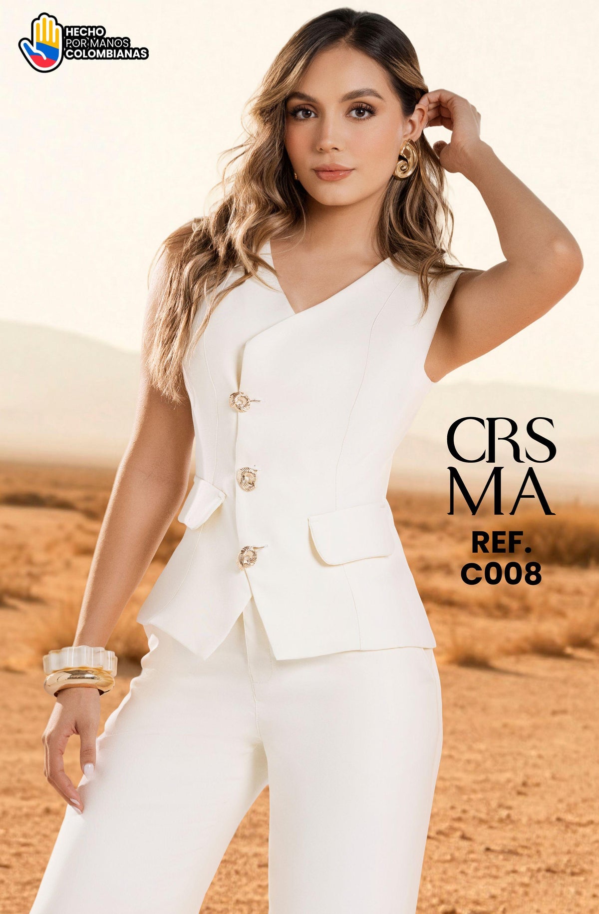C008 Conjunto colombiano de mujer blanco con chaleco y pantalón