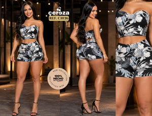 Ref. 004 -C1036 Fantástico Conjunto Colombiano para Dama, con Blusa Sin Mangas y Hombros descubiertos y Pantalon Corto tipo short ideal para el verano - Ropa Colombiana