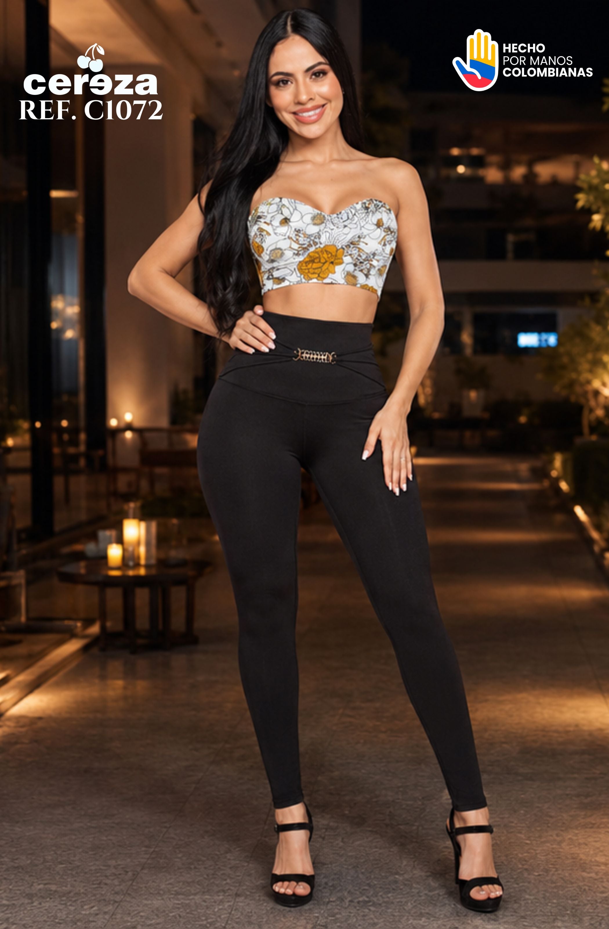 Ref. 004 -C1072 Conjunto Colombiano Marca CEREZA con pantalón Negro de Pretina ancha abdomen control y Blusa Blanca Decorado Floral amarillo y Hombros Descubiertos Verano - Ropa Colombiana