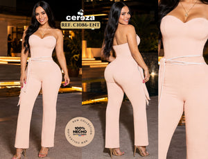 Ref. 004 -C1086-ENT Sensacional Enterizo Mono Colombiano, con Diseño de Hombros descubiertos y Hermoso color Rosado, Cinturón Decorativo de tira. - Ropa Colombiana