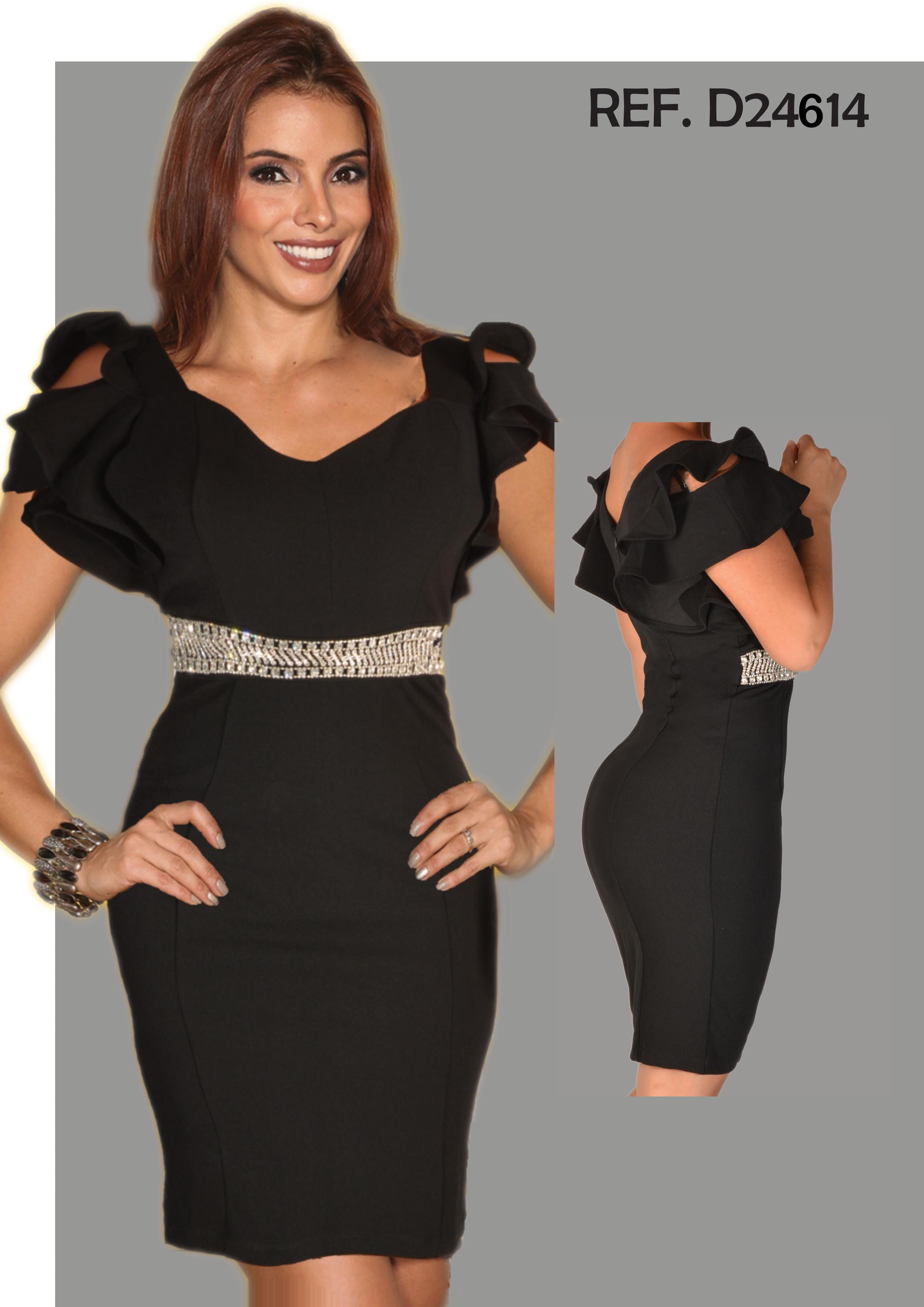 Ref. 003 -24614 Sensacional Vestido de Dama Americano Color Negro con Diseño tipo cinturón en pedrería largo clásico a la rodilla - Ropa Colombiana