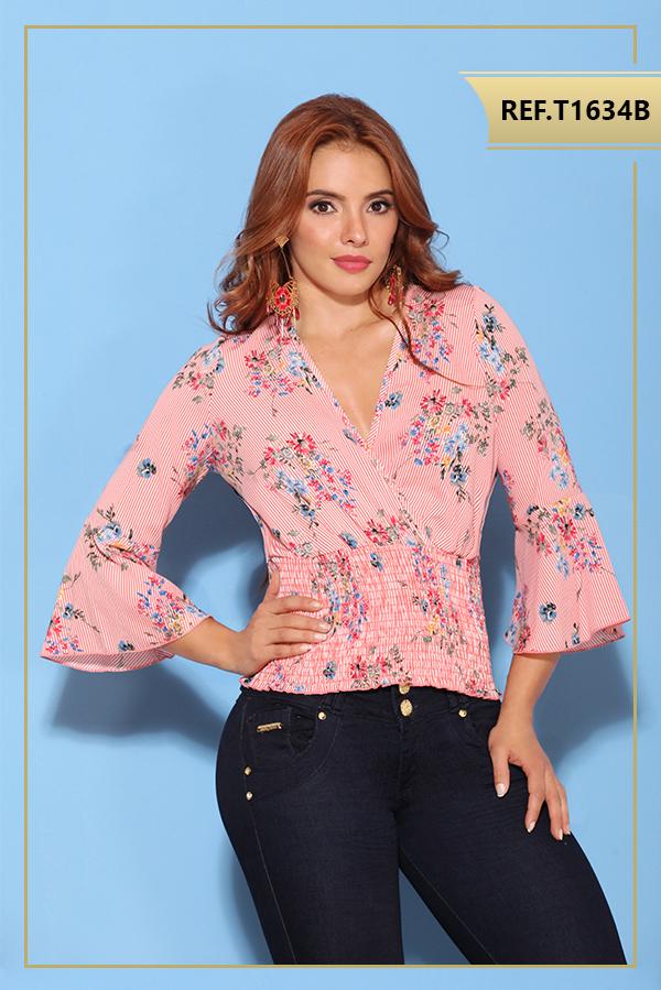 Ref. 003 -T1634B Blusa colombiana manga larga - Ropa Colombiana