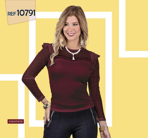 Ref. 055 -10791 Blusa Colombiana de manga larga con transparencias y detalles en el cuello y pecho - Ropa Colombiana
