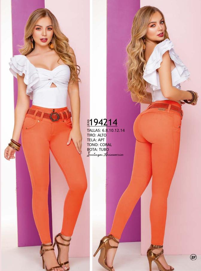 Ref. 052 -194214 Colombian Jeans for Women with Butt Lifting Design, High Waist and Tube Boots, Beautiful Coral Color that Enhances Your Figure