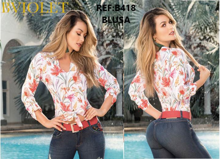 Ref. 059 -B408 Blusa Colombiana para dama con estampado Floral y mangas Largas - Ropa Colombiana