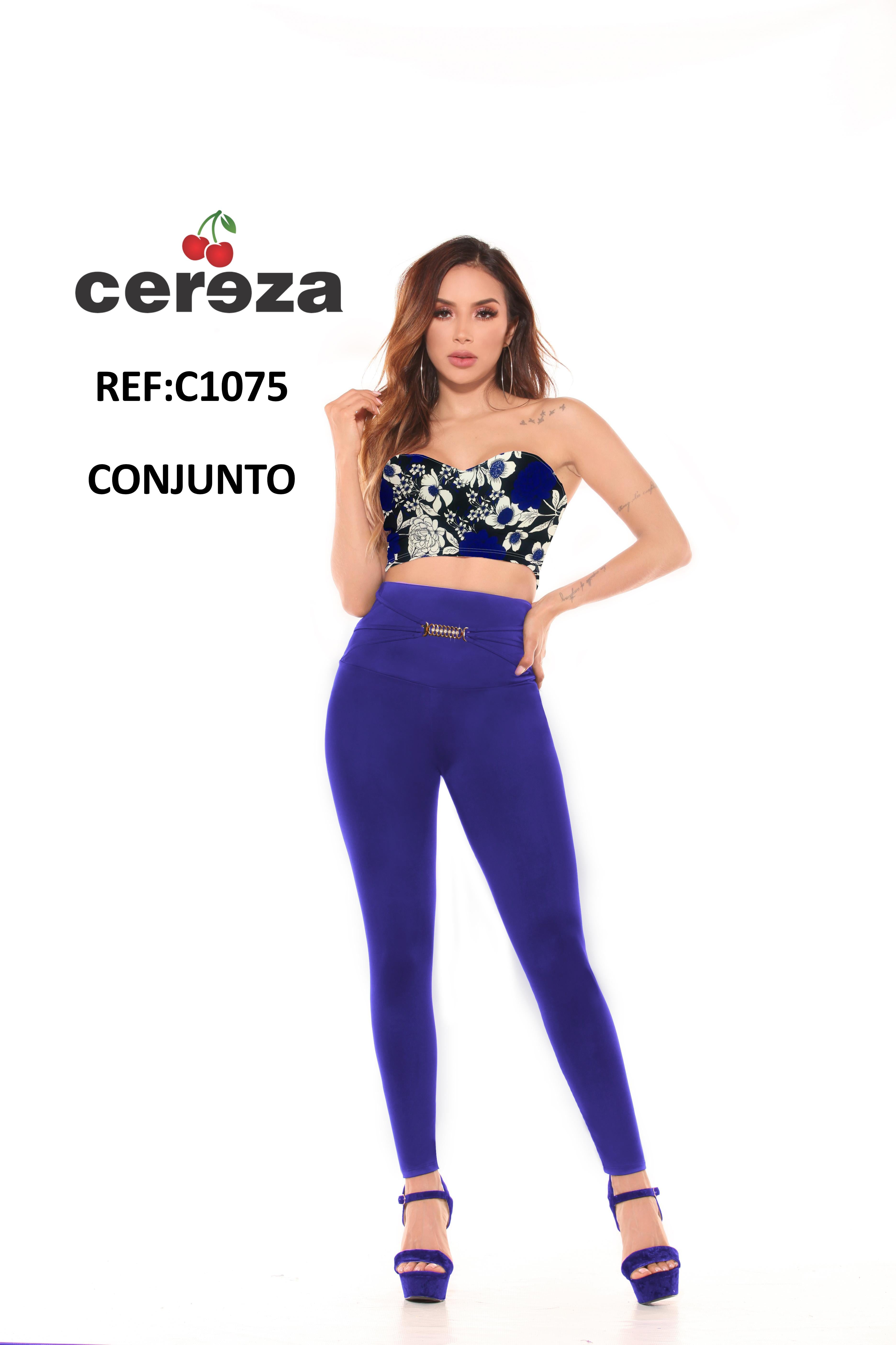 Ref. 004 -C1075 Conjunto Colombiano de Blusa Azul decorado Floral y Pantalón Azul para dama con Cintura Alta y con control de Abdomen - Ropa Colombiana