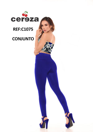 Ref. 004 -C1075 Conjunto Colombiano de Blusa Azul decorado Floral y Pantalón Azul para dama con Cintura Alta y con control de Abdomen - Ropa Colombiana