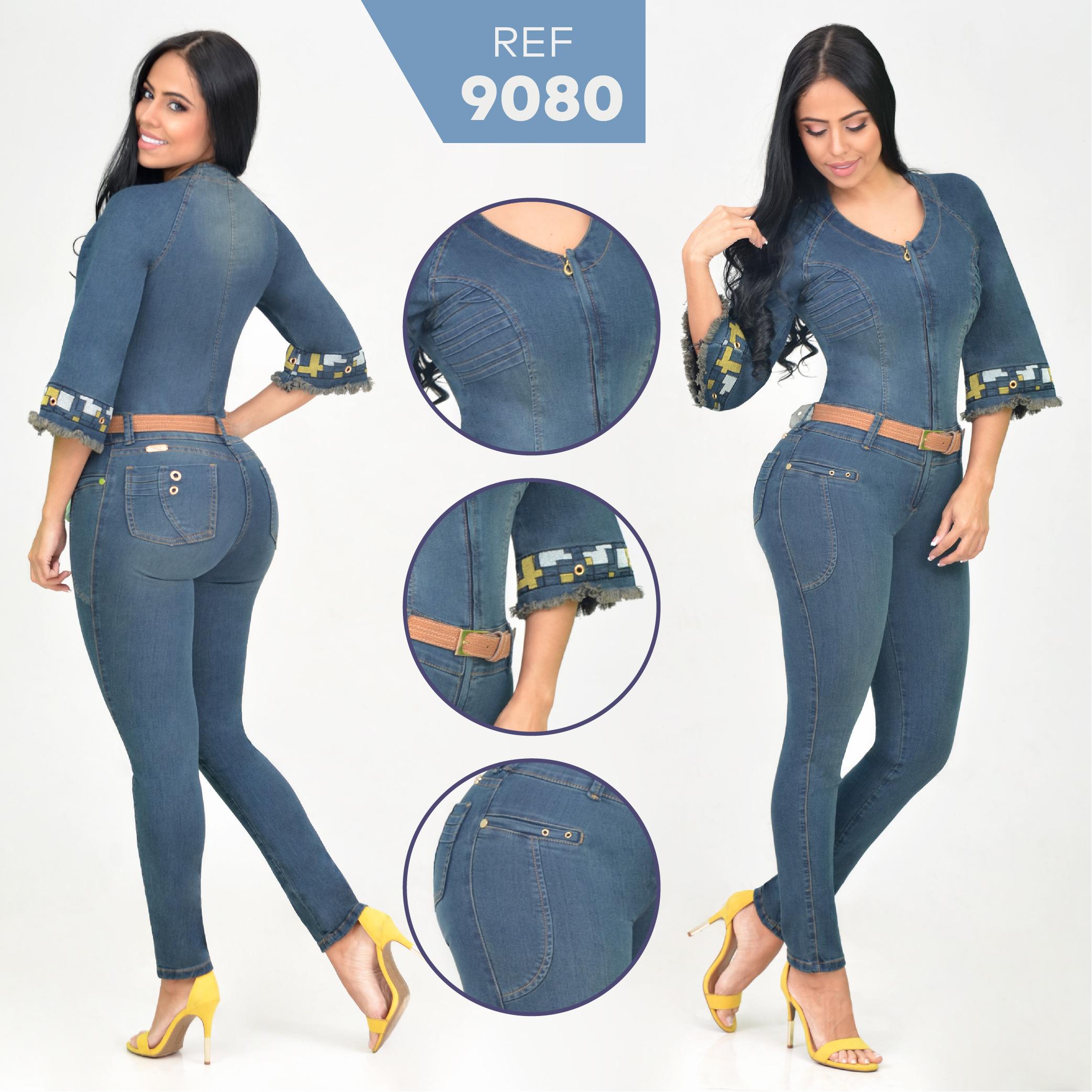Ref. 006 -9080 Colombian Butt Lifting Denim Jumpsuit with Perfect Fit to Your Figure, Molds and Enhances, Front Zipper Closure.