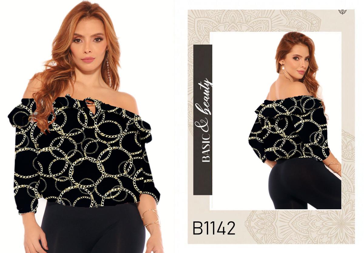 Ref. 004 -B1142 Blusa Colombiana Estilo de Moda con Mangas A medio antebrazo  y hombros descubiertos. - Ropa Colombiana