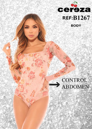Ref. 004 -B1267 Body Reductor CEREZA con mangas largas y estampado floral - Ropa Colombiana