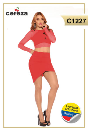 Ref. 004 -C1227 Conjunto Colombiano de blusa y falda de tonos básicos y diseño sexy - Ropa Colombiana
