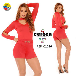 Ref. 004 -C1086CS Conjunto Short Colombiano con mangas largas decoradas con tiras y cinta en el cuello. - Ropa Colombiana