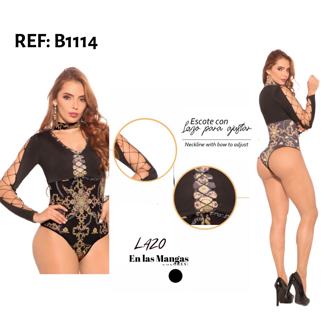 Ref. 004 -B1114 Body Reductor Colombiano con mangas largas en malla Color negro - Ropa Colombiana