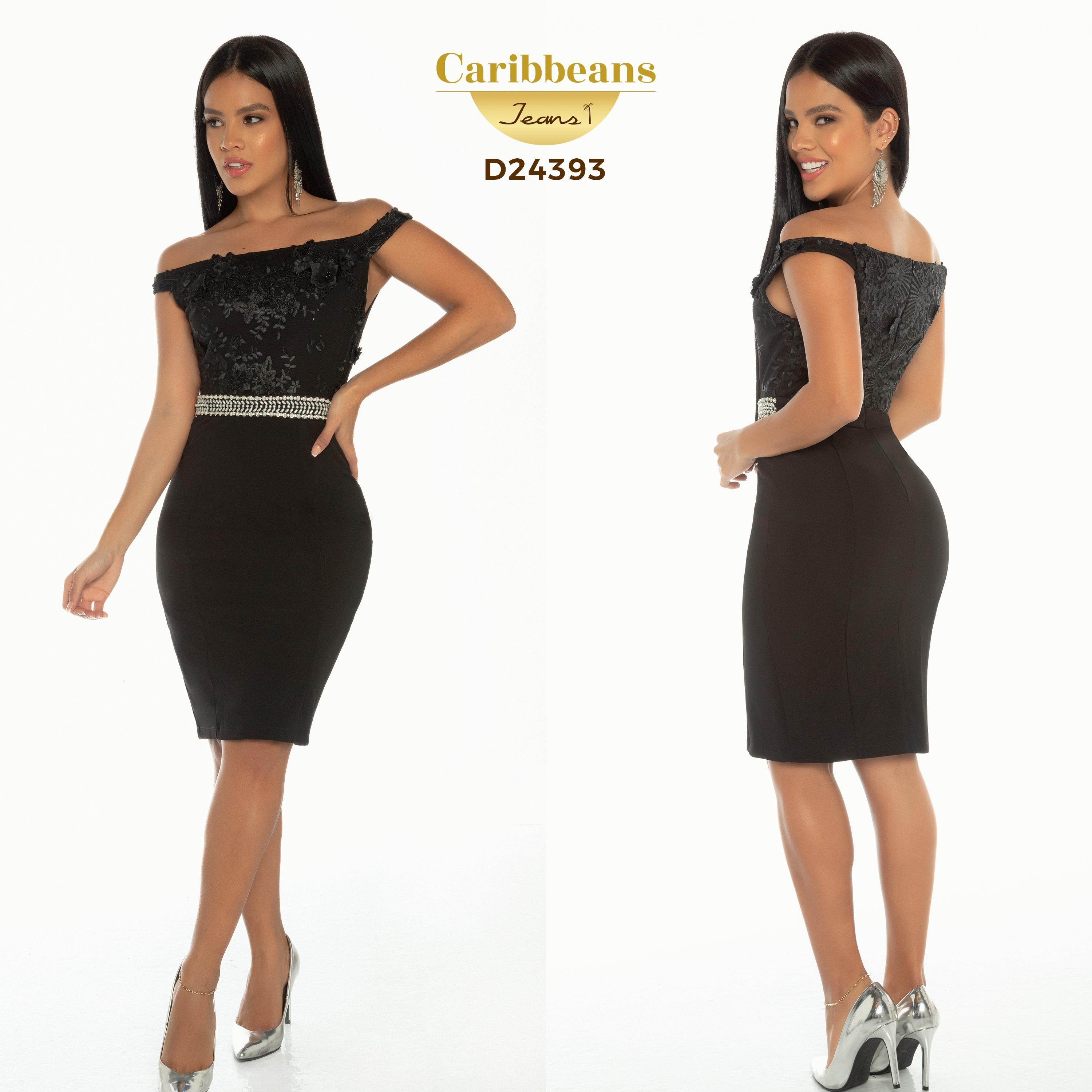 Ref. 003 -D24393 Vestido Americano de Dama con parte superior en brocado tipo blusa y falda largo a la rodilla, decoración en cintura - Ropa Colombiana