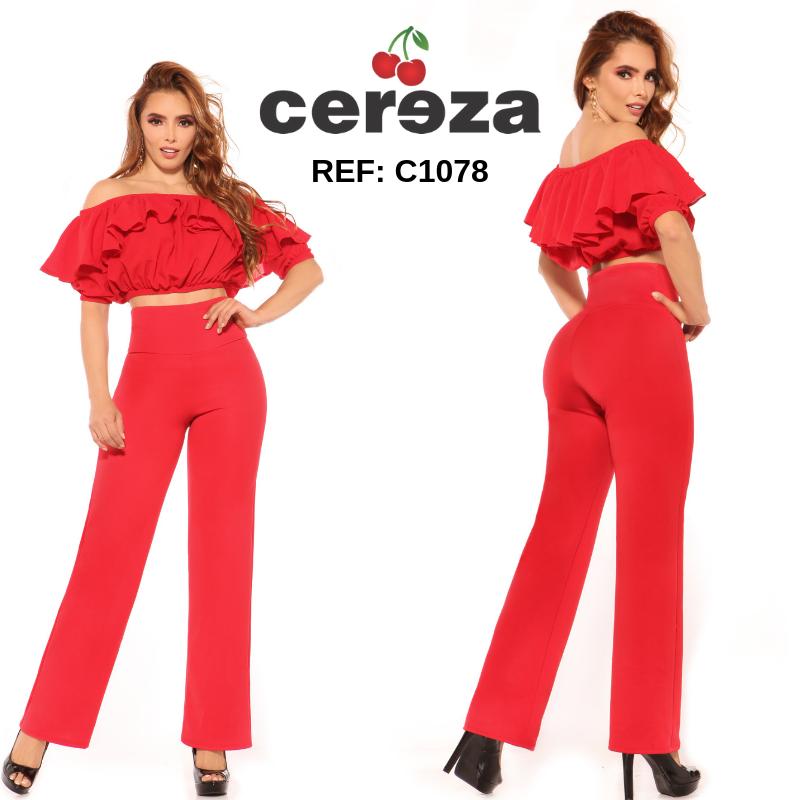 Ref. 004 -C1078 Hermoso Conjunto de Pantalón y Blusa para dama color rojo, con hombros descubiertos y pretina alta control de abdomen - Ropa Colombiana