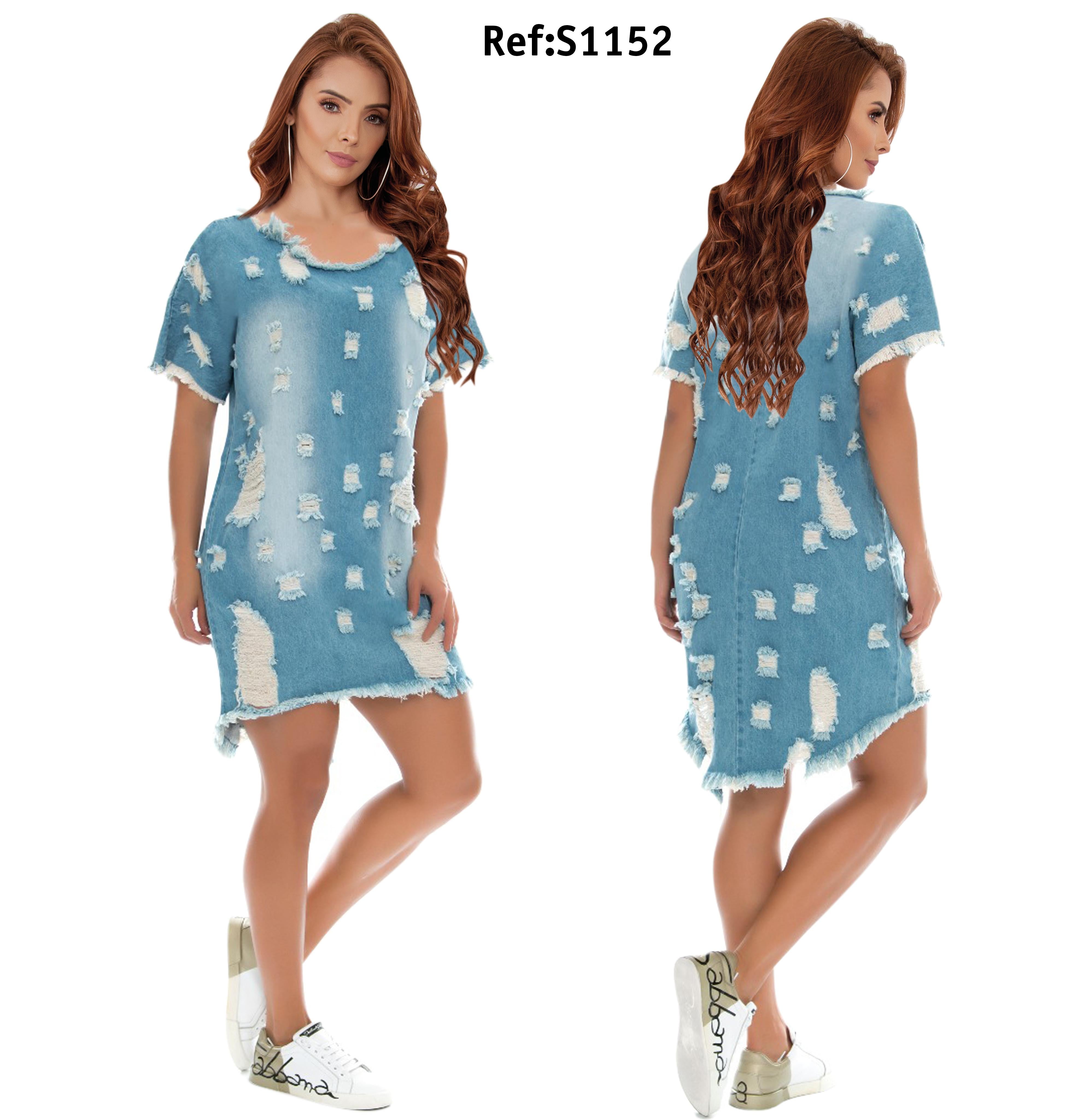 Ref. 037 -S-1152 Vestido De Jean Colombiano con desgastes y apliques