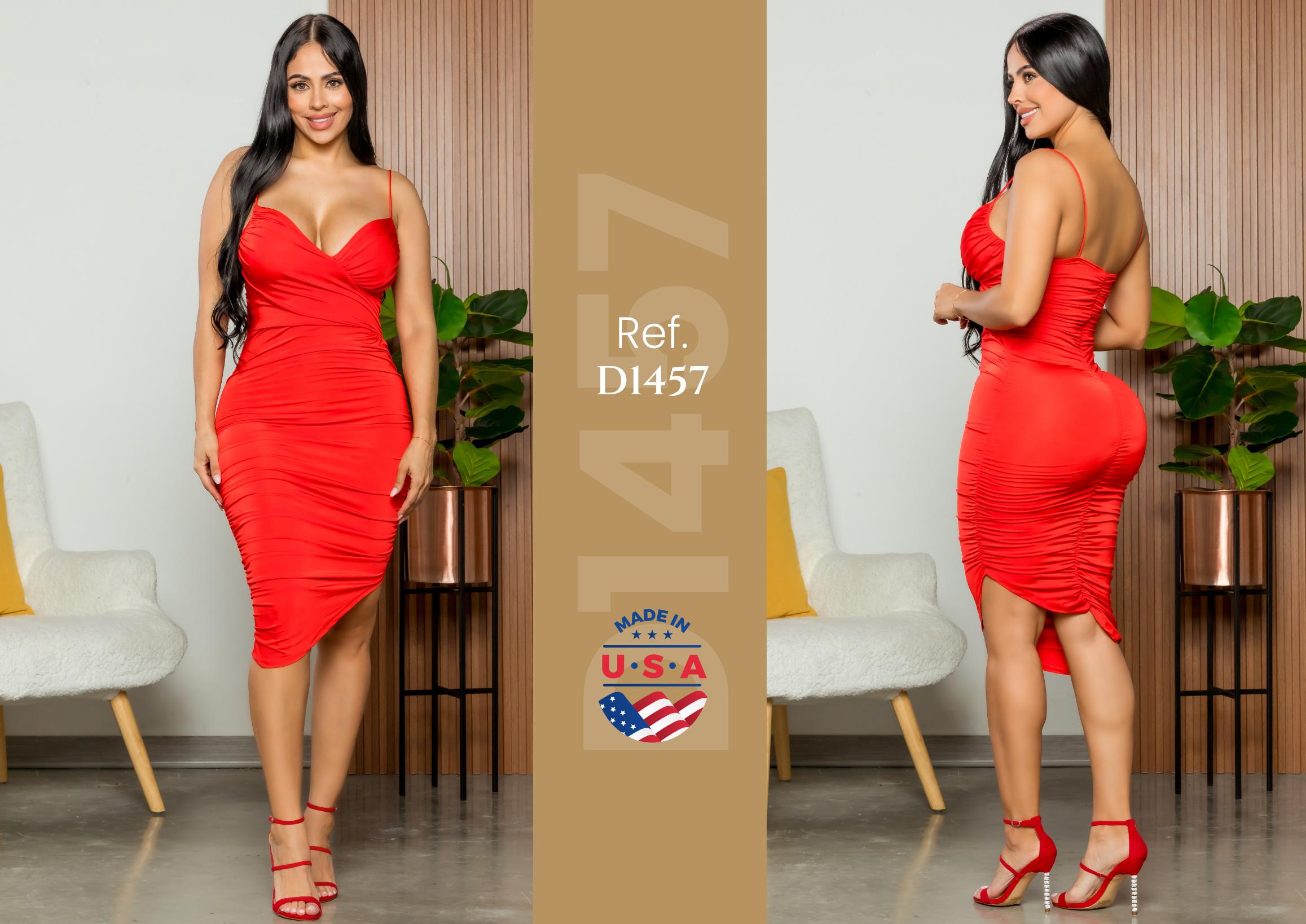 Ref. 003 -D1457 Vestido Americano de Fiesta con falda Corta, tiras sobre los hombros espalda descubierta - Ropa Colombiana