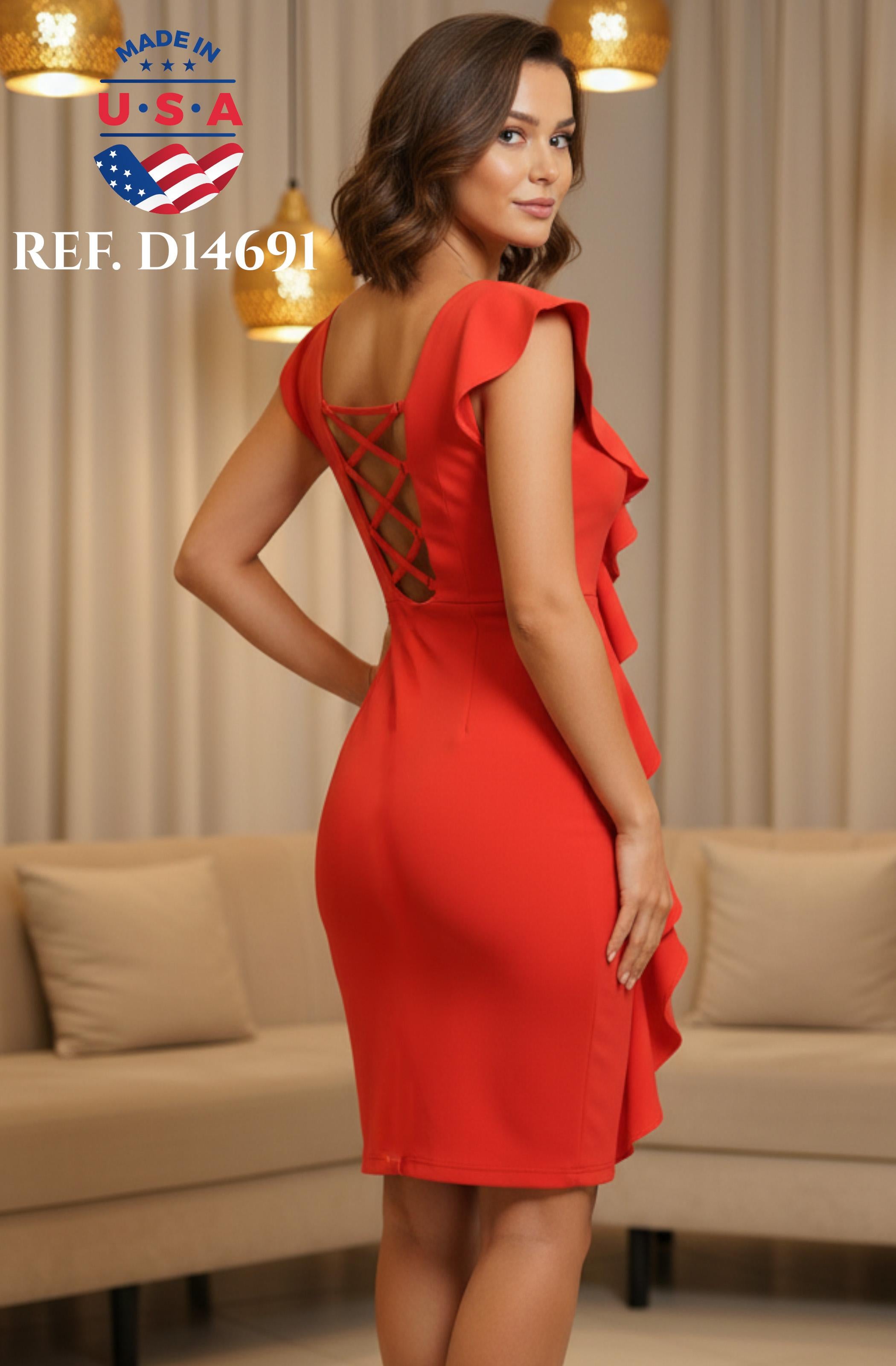 Ref. 003 -D14691 Fantástico Vestido Americano de Fiesta, Largo a las rodillas decorado con en Frente y Espalda con ondas - Ropa Colombiana