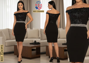Ref. 003 -D24393 Vestido Americano de Dama con parte superior en brocado tipo blusa y falda largo a la rodilla, decoración en cintura - Ropa Colombiana