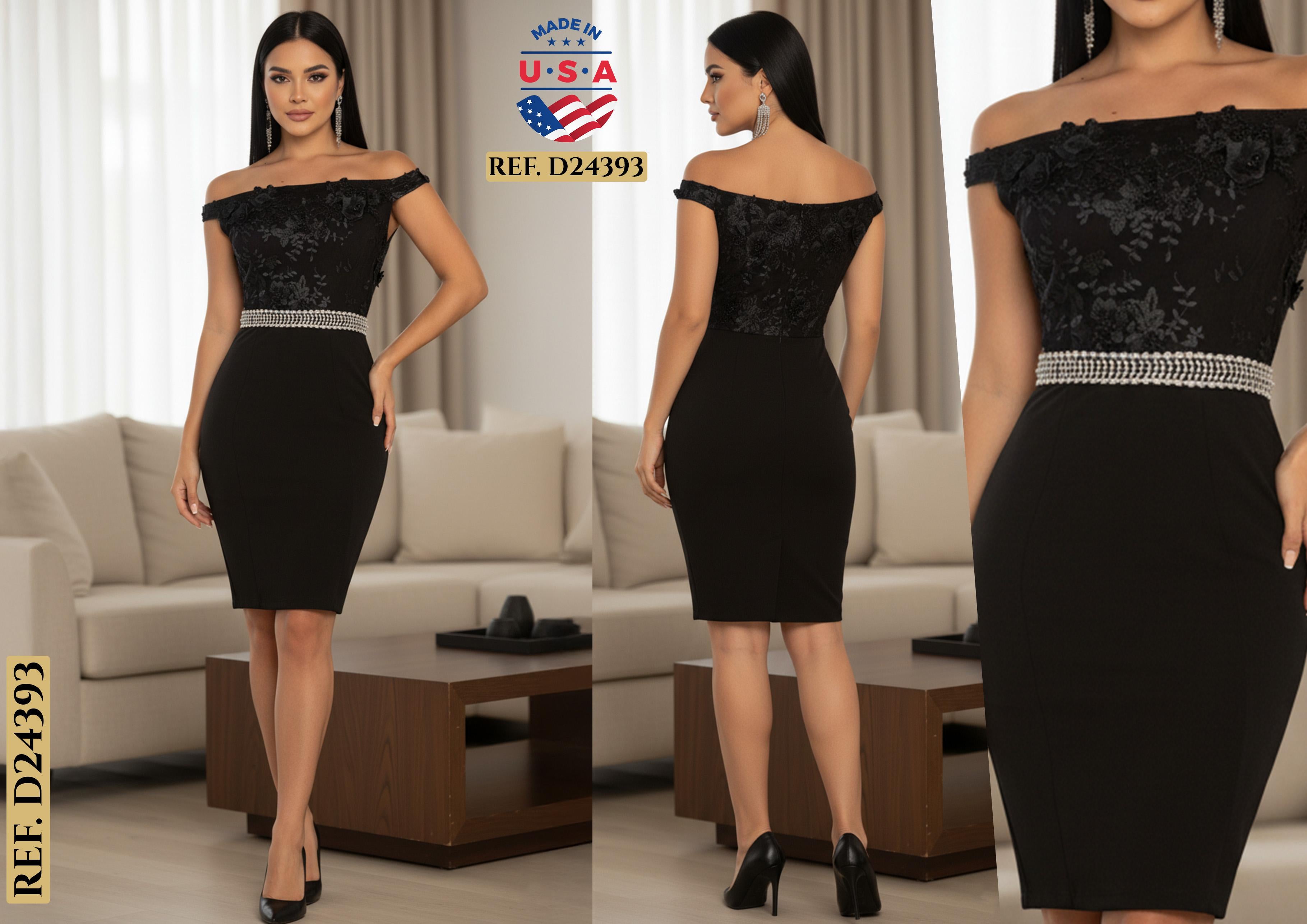 Ref. 003 -D24393 Vestido Americano de Dama con parte superior en brocado tipo blusa y falda largo a la rodilla, decoración en cintura - Ropa Colombiana
