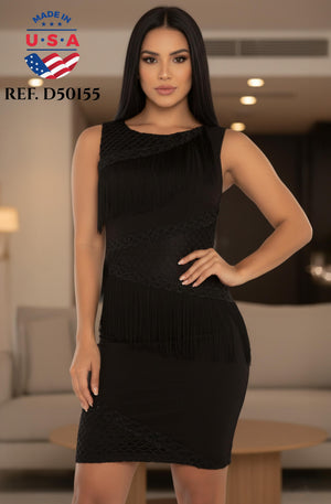Ref. 003 -D50155 Vestido Corto de Fiesta Americano Sin Mangas Decorado con Flecos - Ropa Colombiana