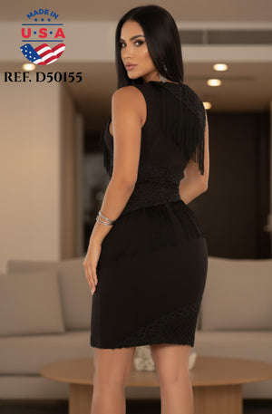 Ref. 003 -D50155 Vestido Corto de Fiesta Americano Sin Mangas Decorado con Flecos - Ropa Colombiana