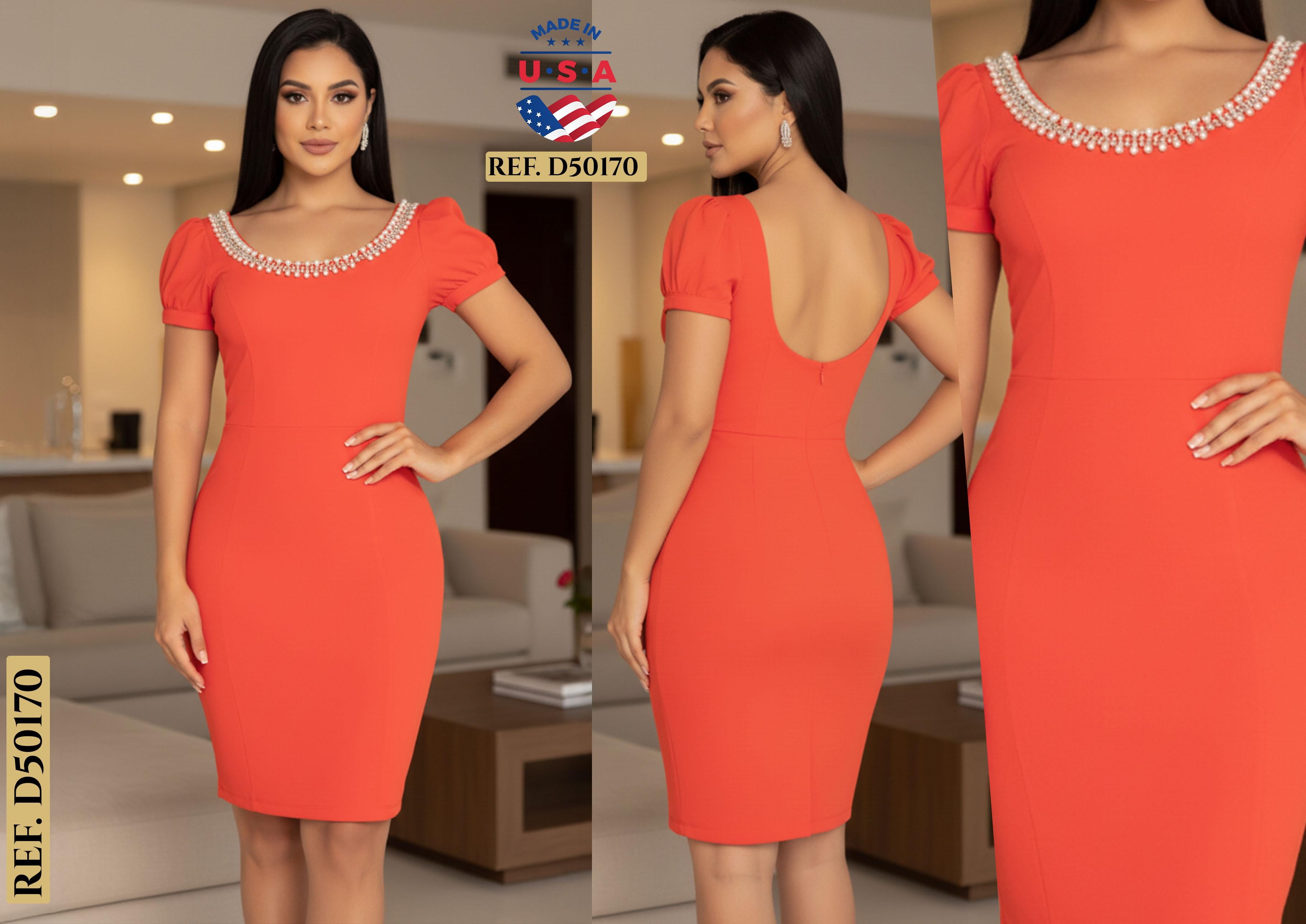 Ref. 003 -D50170 Vestido de Fiesta Corto,Con Cuello Redondo y Decorado. - Ropa Colombiana