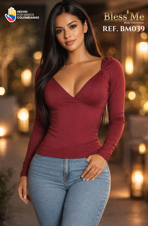Ref. 071 -BM039 Blusa con escote en v y mangas largas - Ropa Colombiana
