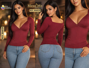 Ref. 071 -BM039 Blusa con escote en v y mangas largas - Ropa Colombiana