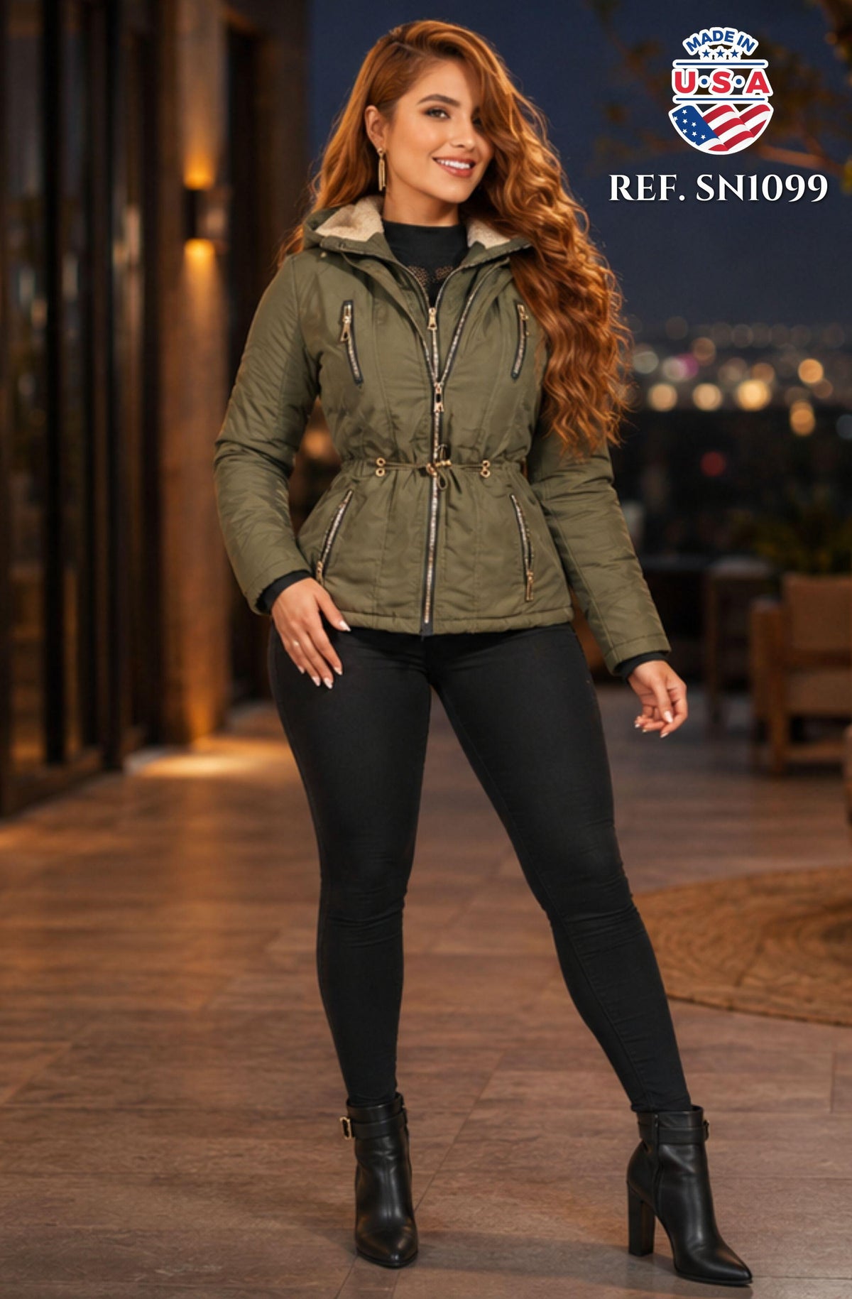 003 -SN1099 Chaqueta Americana de Moda Con Gorro, Doble Cierre - Ropa Colombiana