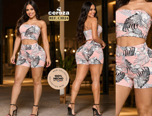 Ref. 004 -C1024 Hermoso Conjunto Colombiano con Blusa hombros descubiertos  y Short Estilo Veraniego Marca CEREZA - Ropa Colombiana