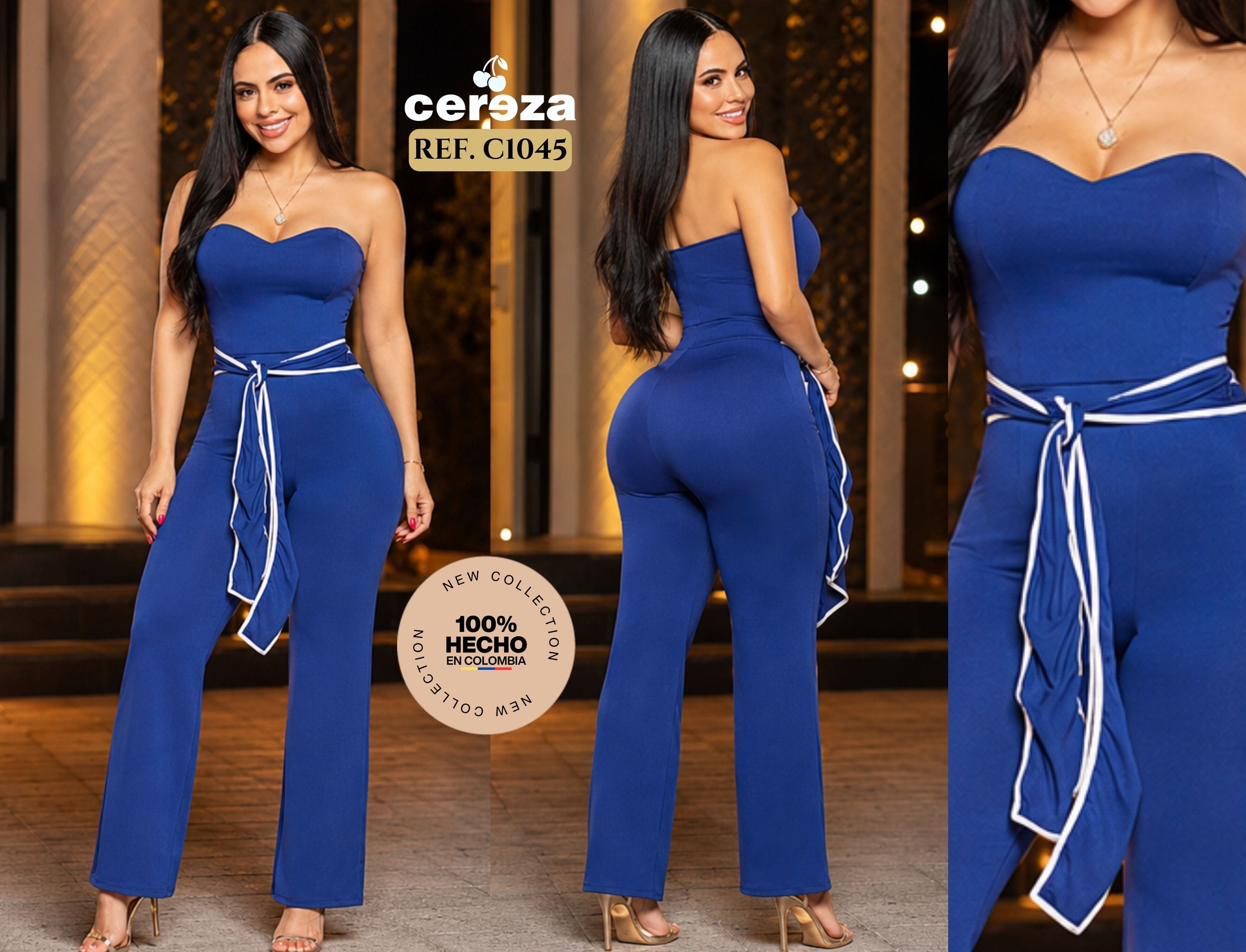Ref. 004 -C1045 Fantástico Enterizo Colombiano Marca CEREZA con con Hombros y media Espalda Libres, Decorado con Cinturón en el Frente color Azul - Ropa Colombiana