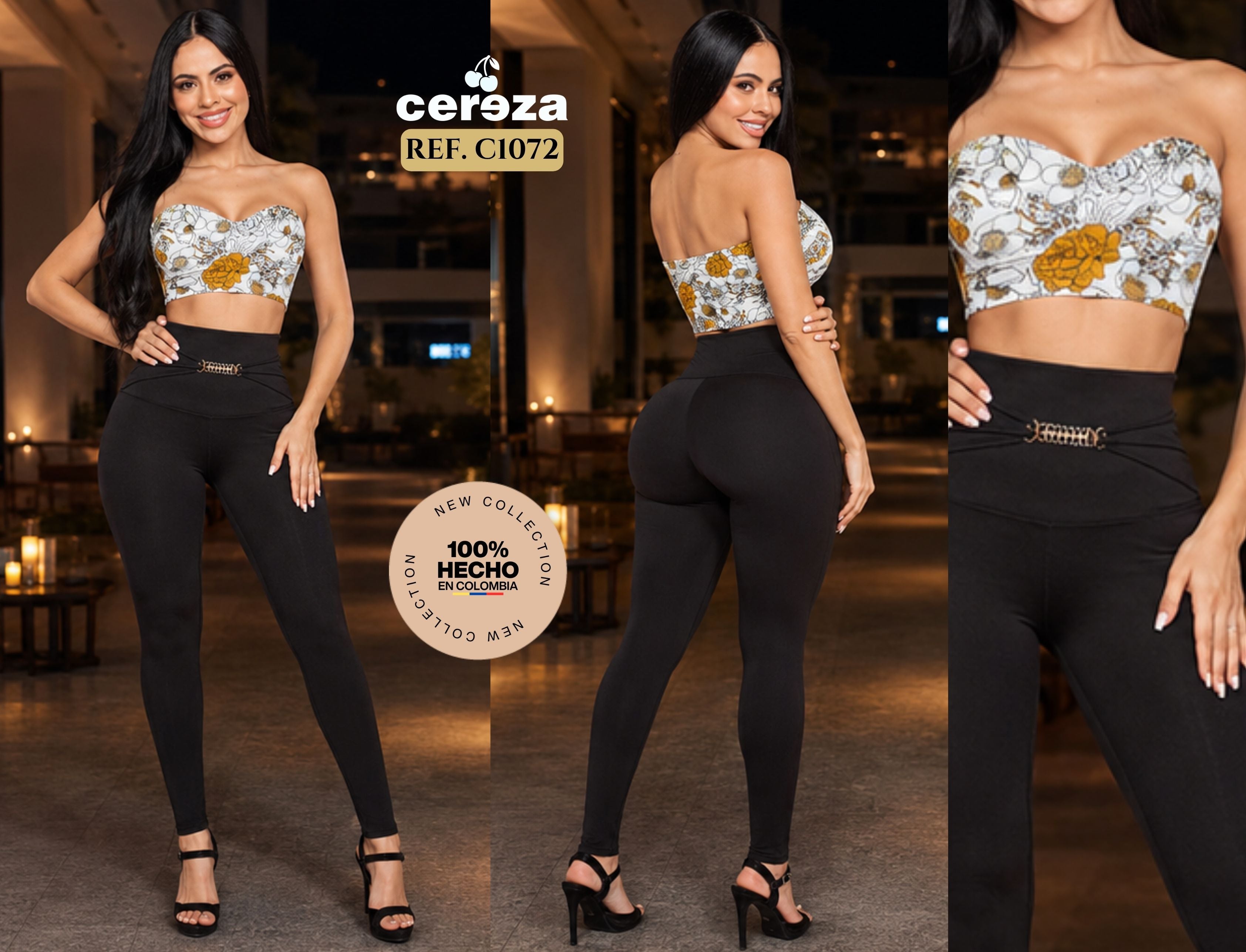 Ref. 004 -C1072 Conjunto Colombiano Marca CEREZA con pantalón Negro de Pretina ancha abdomen control y Blusa Blanca Decorado Floral amarillo y Hombros Descubiertos Verano - Ropa Colombiana