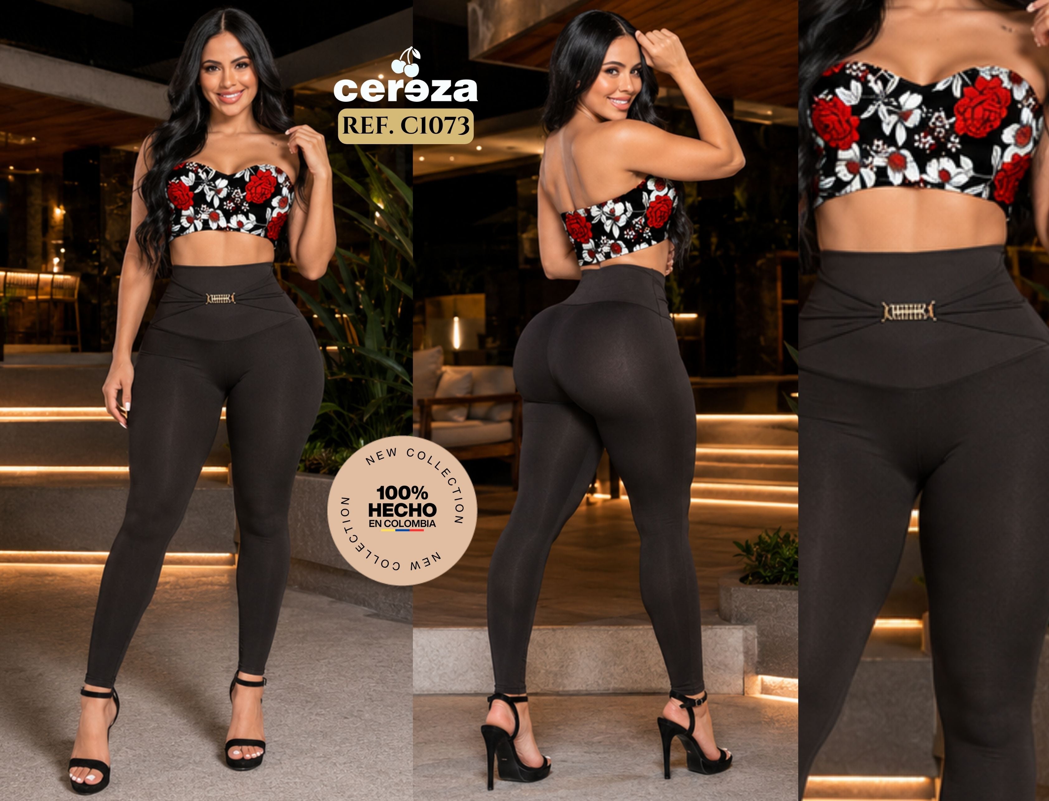 Ref. 004 -C1073 Conjunto Marca CEREZA Original Colombiano con Blusa Veraniega de Hombros descubiertos y pantalón Negro con Pretina Alta y decorado en el frente - Ropa Colombiana